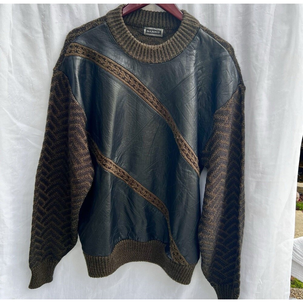 Vintage Saxony Men's Black Leather Knit Sweater 90s Hip Hop Coogi StyleRetro L